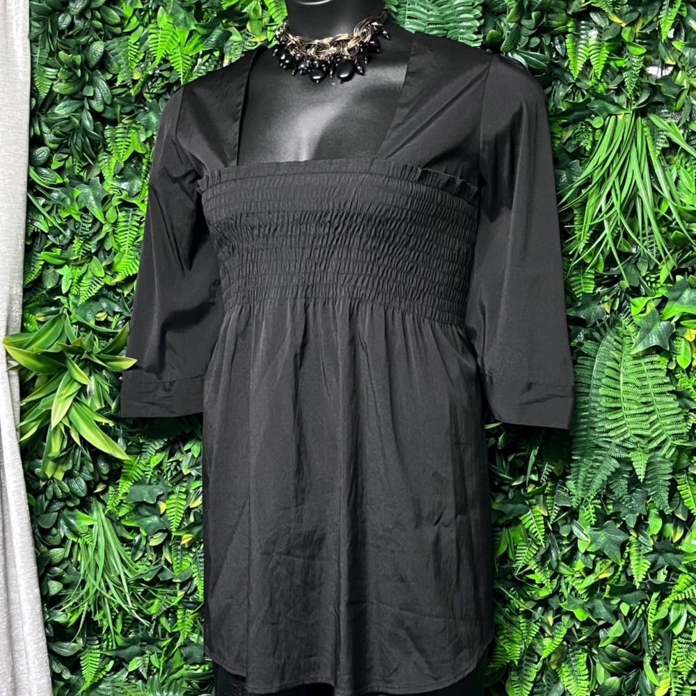 ANTILIA FEMME Top 3X Black Smocked Bodice Square Neck‎ Tunic Blouse 3529